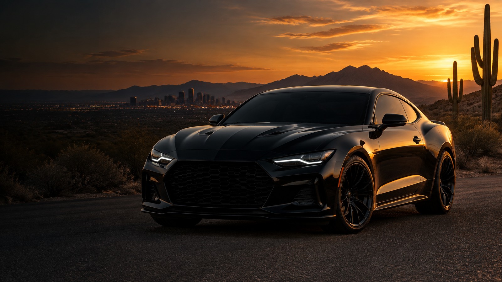 A blacked-out coupe with dark tinted windows on a desert road at sunset, the Phoenix skyline and saguaros behind it