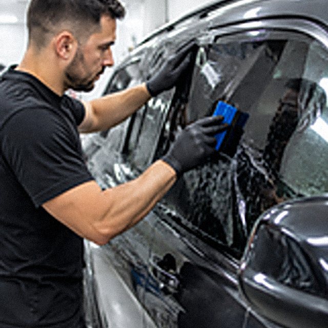 Installer applying film to an SUV window